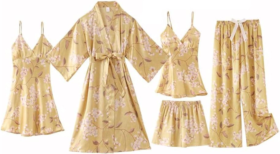Sexy Faux Silk Sleepwear Women Satin Pajamas Set Kimono Bathrobe Gown Lounge Wear Pijamas Lingerie Suitable for All Seasons(Black-JoJo's Bizarre Adventure1,XL)