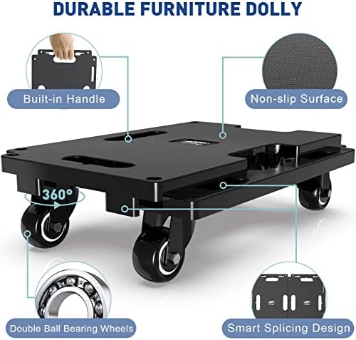 Ronlap Furniture Moving Dolly, Furniture Movers with Wheels, Portable Moving Rollers Leg Dollies for Heavy Furniture, 4 Wheels Small Flat Dolly with 2 Elastic Ropes, 200 KG Capacity, 1 Pack, Black