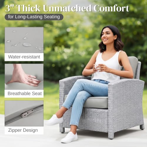 Image of DEVOKO 4PCS Patio Wicker Furniture Set Center Table Silver Grey Rattan Chairs and Grey Cushions Outdoor Furniture for Backyard, Garden, Blacony