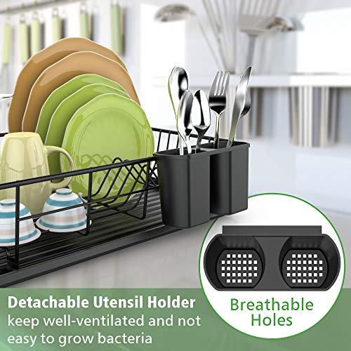 Dish Drying Rack, F-color Dish Rack with Water Tray, Utensil Holder, Anti Rust Dish Drainer for Kitchen Counter Top Dish Rack Wire Holder, 16.4 x 12 x 4.3 inch, Black
