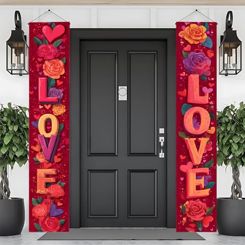 Image of Love Front Door Banner 11.81x70.87 Inch, Red Rose Heart Porch Sign for Spring Mother's Day, Romantic Floral Welcome Flag Outside Wall Decor, Weatherproof Fabric Hanging Decoration