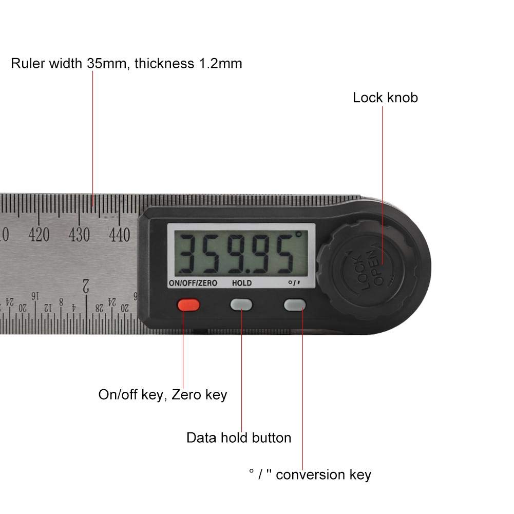 Règle d'angle d'affichage numérique, jauge d'angle électronique 2 en 1 avec bouton de verrouillage 0-360 ° Règle de travail du bois Rapporteur d'angles multifonction(500mm)