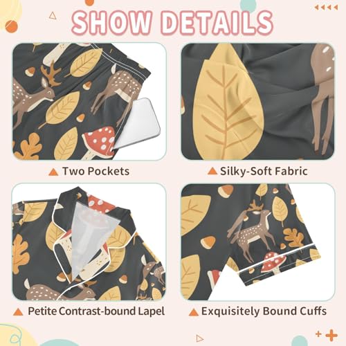 senya Deer and Mushroom Satin Summer Pajama Sets Silk Short Sleeve Button Down Sleepwear3