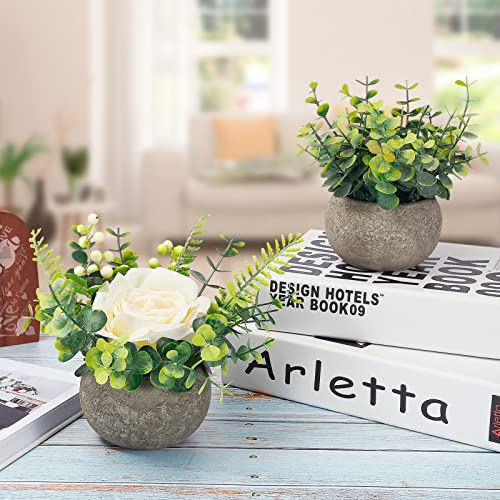 2 Pack Mini Fake Plants Artificial Flowers Potted Silk Roses And Eucalyptus Plants Potted Plants Artificial Decor For Home Office Desk Farmhouse Room Decor Bathroom Decor Bedroom Decor(White) #TOP2