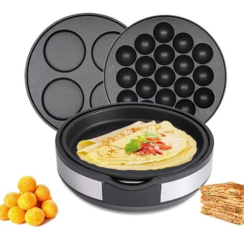 Omeps Mini Pancakes Maker, 3 In 1 Crepe Maker Nonstick, Detachable Non-Stick Plates, 5-Speed Temperature Control Adjustment, Even Heating, For Fried Eggs, Steak, Takoyaki, Grill, Pancakes