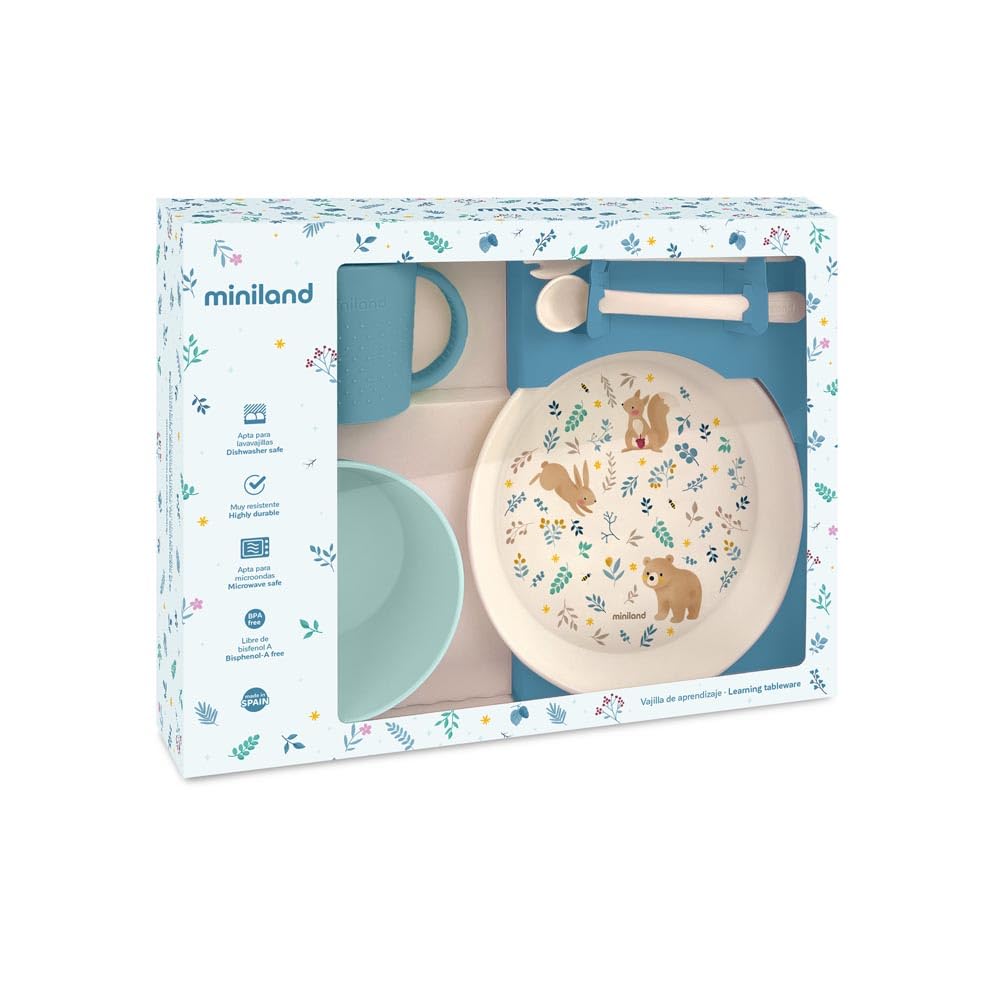 Miniland - Vajilla para Bebé de Aprendizaje | Plato, Vaso Antiderrame y Cubiertos Adaptados para Bebé | Vajilla Infantil Libre de BPA (Set Dreamland)