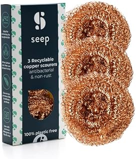 SEEP Recyclable Wire Metal Copper Scourer Pads 3 Pack - Copper Scourer - Spiral Scourer - 100% Copper - Long Lasting Scourer for Cleaning - Pan Scourer - Heavy Duty Scrubber