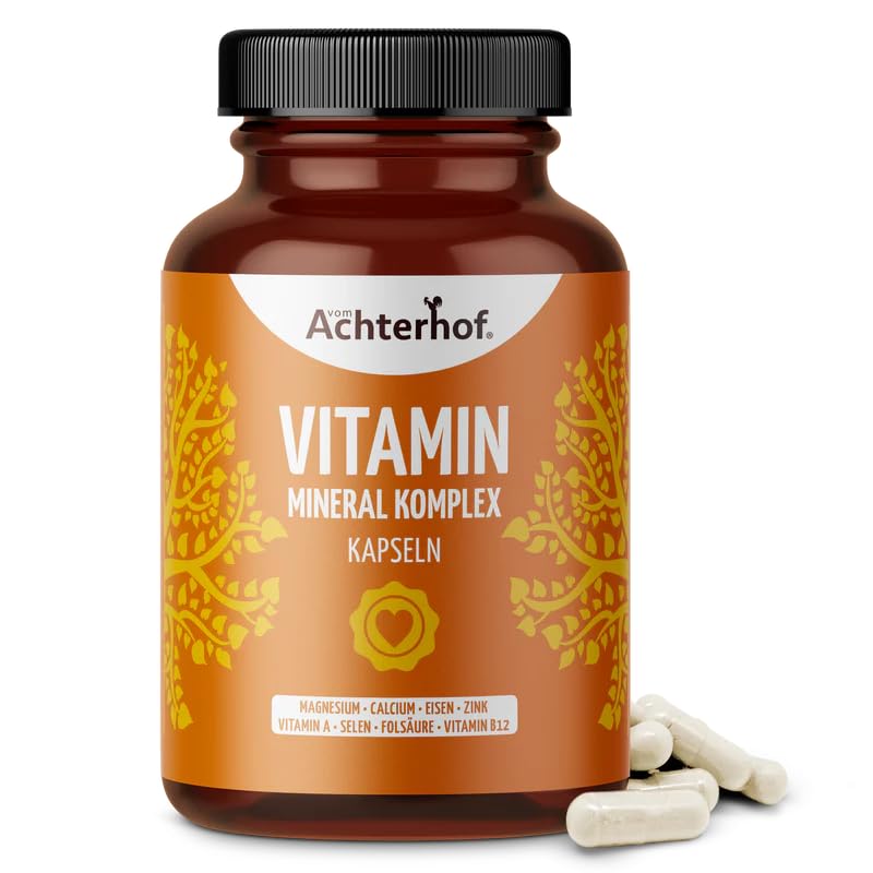 Vitamin Mineral Komplex 150 Kapseln | 8 essenzielle Vitamine und Mineralie | mit Vitaminen A, B12, Folsäure, Eisen, Zink, Magnesium, Calcium und Selen | vom Achterhof