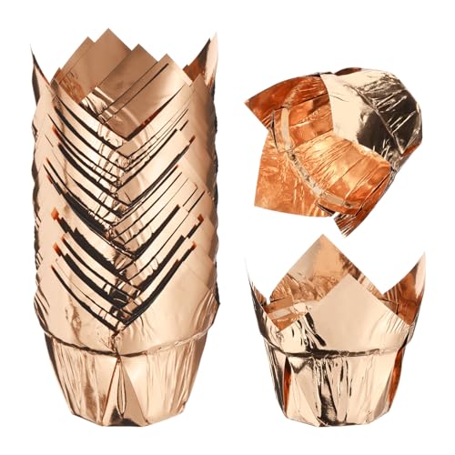 sourcing map 50 Pcs Tulip Baking Cups Cupcake Muffins Liners Paper Greaseproof Wrappers for Wedding Birthday Party Festivals Christmas, Champagne Gold