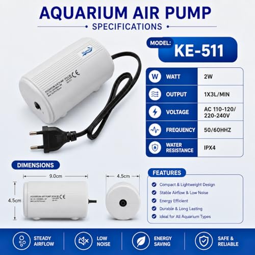 Image of VAYINATO BlueScale KE-511 Single Way Ultra Silent Aquarium Air Pump 2W - Oxygen Pump, High Air Output 1 x 3L /min, Energy-Efficient Aerator with 2M Air Tube & 1 Air Stones, Suitable Aquariums