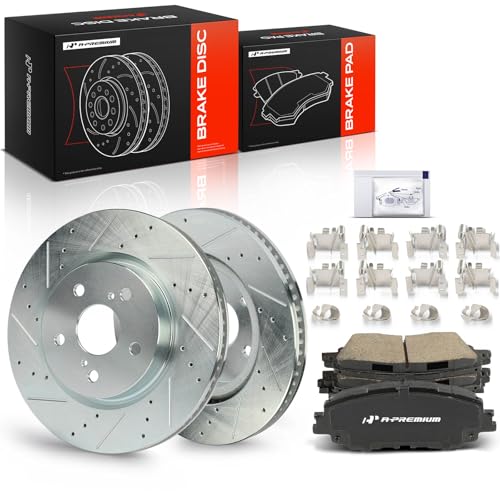 A-Premium 12.01 inch (305mm) Front Drilled and Slotted Disc Brake Rotors + Ceramic Pads Kit Compatible with Select Toyota and Lexus Models - Camry, RAV4, Avalon, Venza, C-HR, ES350, ES250, 6-PC Set