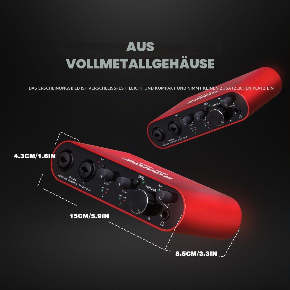BOMGE 22S USB Audio Interface Red with XLR/48V Phantom Power,32Bit/192kHz High-Fidelity, for Studio Audio Mixer Interface for Guitarist, Vocalist, Podcaster, Producer, Plug and Play