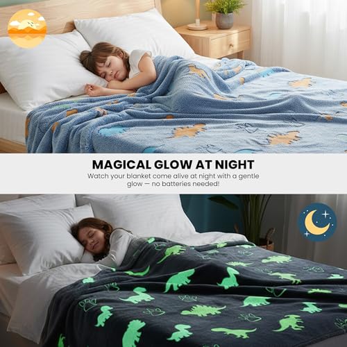 Image of Glow in The Dark Dinosaur Blanket for Kids, Blue | 240 GSM Premium Polyester Fleece, Ultra Soft Lightweight Cozy Throw, 200 x 150 cm, For Boys, Girls, Bed Sofa Travel