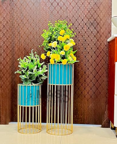 Image of Modern Metal Decorative Floor Standing White And Gold Indoor Outdoor Plant Stand With Pot For Home Decor Living Room Office Bedroom Balcony Set of 2 Flower Pots (Green)