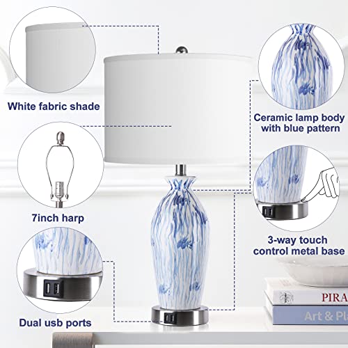 Partphoner Coastal Table Lamp Set Of 2 Touch Control, 26" Navy Blue Art Ceramic Bedside Lamp With Usb Ports, 3-Way Dimmable Classic Cottage Hand Crafted Nightstand Lamps Decor For Bedroom Living Room #TOP4