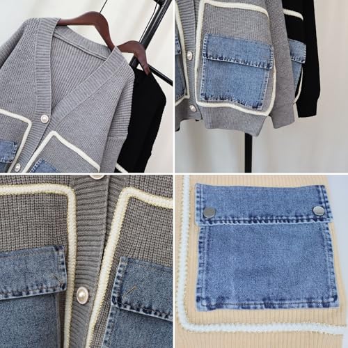 Image of FindThy Women's Casual Button Up Cardigan Oversized Long Sleeve Jean Patchwork Sweater Cardigans