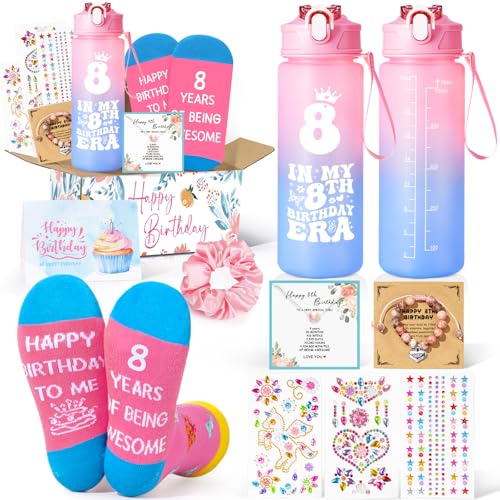 Frerdui 8 Year Old Girl Birthday Gifts, Tween Girl Gift Set with 25oz Water Bottle, Socks, Bracelet & DIY Diamond Kit, Cute Birthday Present for Girls Age 8