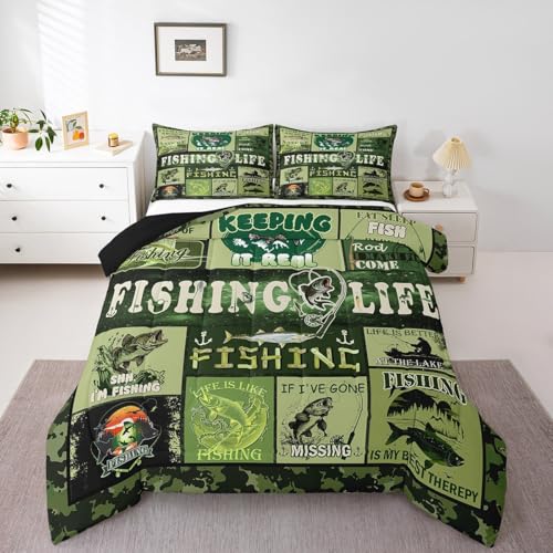 Image of Feelyou Kids Bass Fish Duvet Insert Full Size, Grenn Big Pike Comforter Set Boys Girls Hunting and Fishing Bedding Set Fisherman Teens Bedroom Decor Microfiber Bed Set