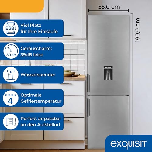 Exquisit Kühl-Gefrierkombination, Kühlschrank mit Gefrierfach, 268 Liter, Wasserspender, 4-Sterne-Gefrierfach, Temperaturregelung, KGC5265-70-H-WS-010E inoxlook – Bild 5