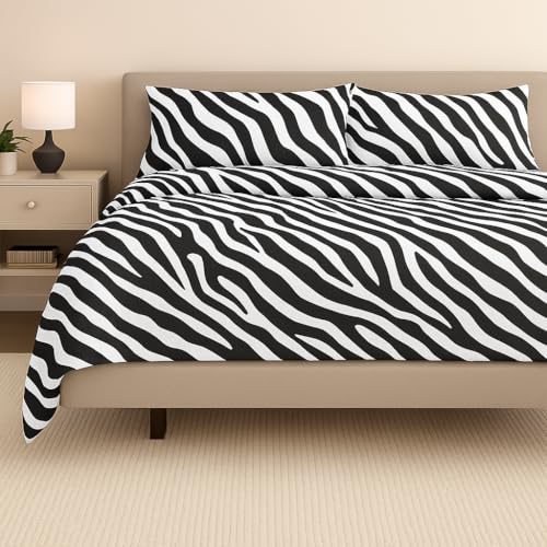 Image of Cottington Lane Premium 100% Cotton Flat Bedsheets with 2 Pillow Covers |186 TC Super Soft - Animal Print Zebra Double - 90x100 Inch