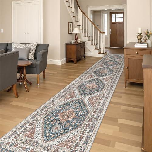 Restydon Washable Runner Rug 2.5x16, Non-Slip Long Kitchen Rugs, Blue/Red