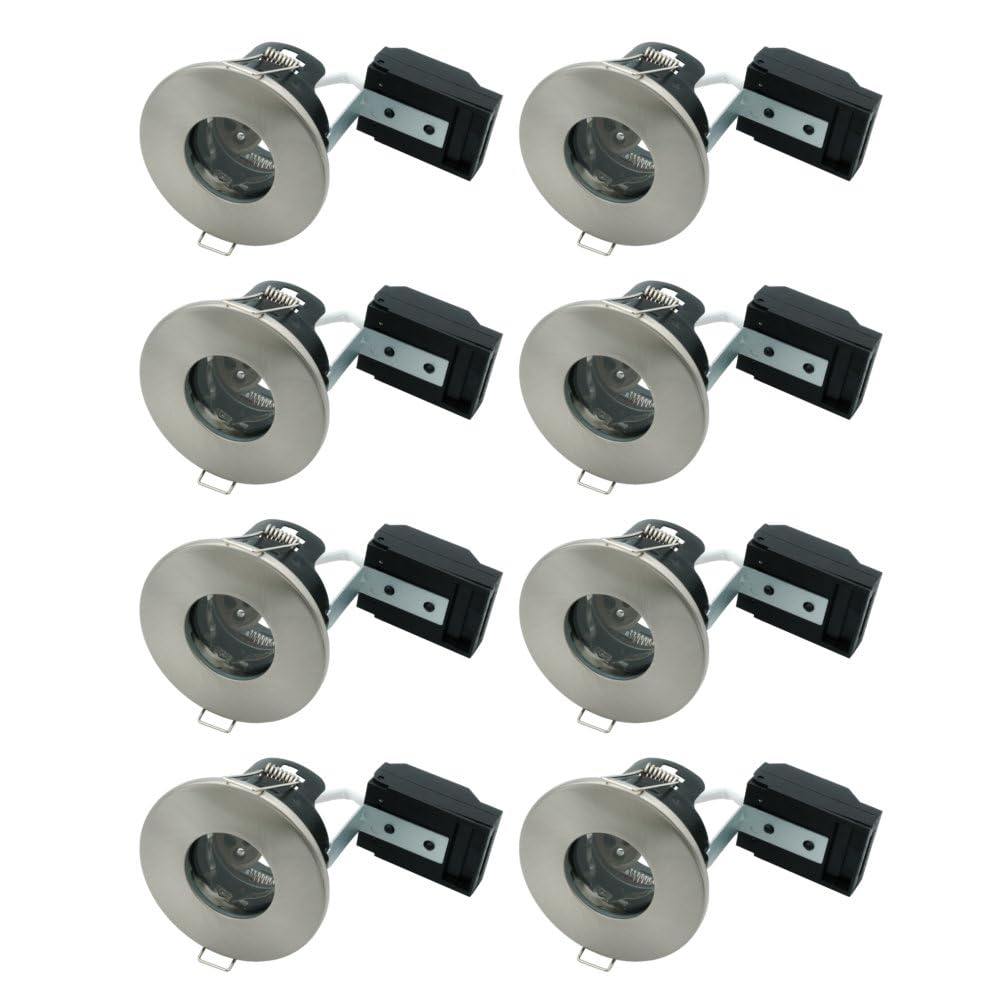 8 Pack - Brushed Chrome IP65 Bathroom & Shower Fire Rated Twist Lock GU10 Recessed Downlight | Air Flow Open Back | 68mm Cut Out | 240V Class 2 Double Insulated | Push Fit Terminals | Outdoor