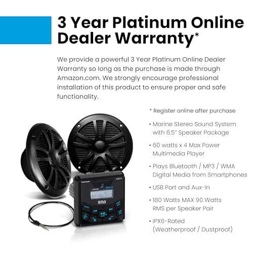 BOSS Audio Systems MCKGB450B.6 6.5 Inch Speakers & Marine Boat Gauge Stereo - Bluetooth Head Unit, No CD DVD Player, AM/FM Radio Receiver, NOAA Weather Band, IPX6 Weatherproof, USB