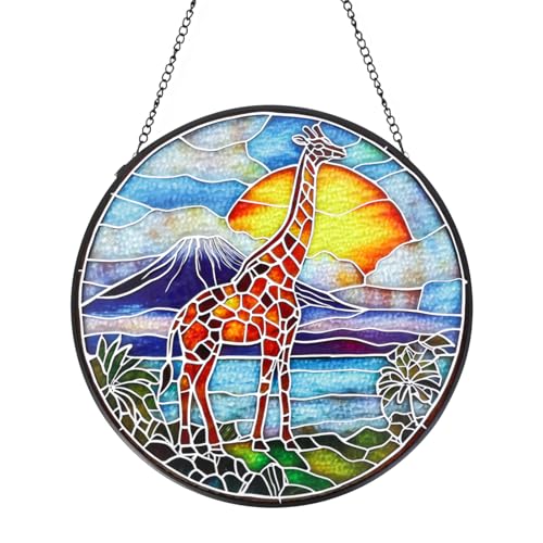 a stained glass giraffe suncatcher on a chain, hanging in a window with light coming through