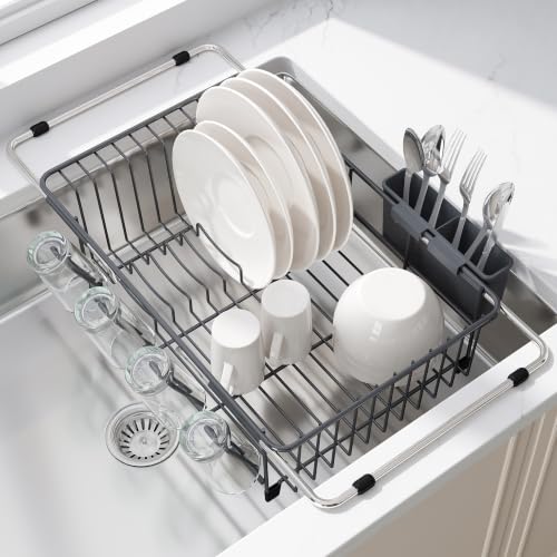Image of JASIWAY Gray Dish Drying Rack in Sink, Dish Drainer with Utensil Holder