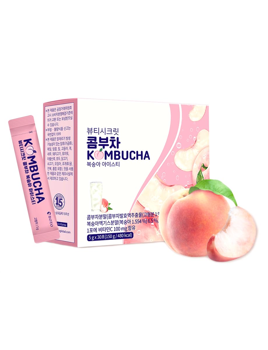 Korean Kombucha Peach Iced Tea Powder – 5g x 30 Sticks | Zero Sugar, Low Calorie, Sparkling Black Tea & Peach Flavor