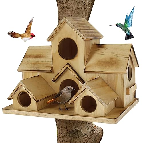 Robin Wooden Bird House for Outside - Multi-Hole Nesting Box With 6 Holes - Bird Hut for Outdoor Garden Decor