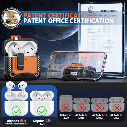 Image of for AirPods 4 Case with Lock & Phone Stand(Orange) | Automatic Snap Switch Lock,Carbon Fiber Texture Design Cover with Cleaner Kit