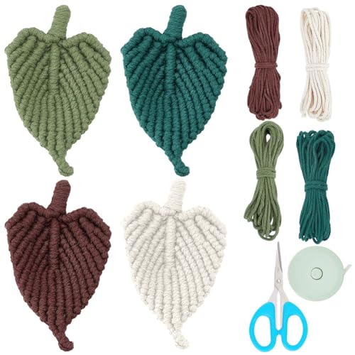 WEBEEDY 4 Sets DIY Leaf Macrame Kit Adult Craft Kit DIY Macrame Hanging Ornament for Adult Beginners Macrame Hanger with Instructions Boho Style for Home Wedding Party Decor Birthday Gift