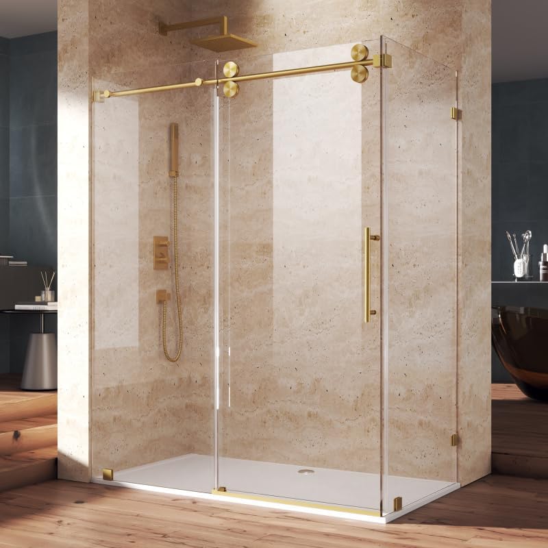 44"-48" W x 32”D x 76" H Frameless Sliding Shower Enclosure in Brushed Gold, 3/8" (10mm) Clear Tempered Glass, Double Nano Coating, Buffer System, Stainless Steel, Leak-Proof, Easy Install