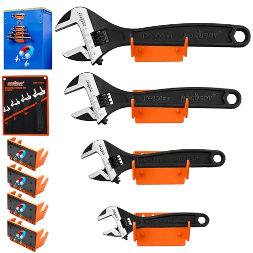 HORUSDY 4-Piece Adjustable Wrench Set With 4-Piece Magnetic Wrench Organizer Racks 6 8 10 Wide Jaw Black Oxide Wrenches with Tool Roll Pouch Metric&SAE Scales CR-V Steel for Home Garage Workshop
