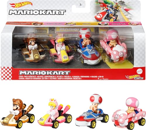 Hot Wheels Mario Kart 4-Pack, Collectible Set of 4 Toy Vehicles with Tanooki Mario, Cat Peach, Toad Sneeker & Toadette Birthday Girl