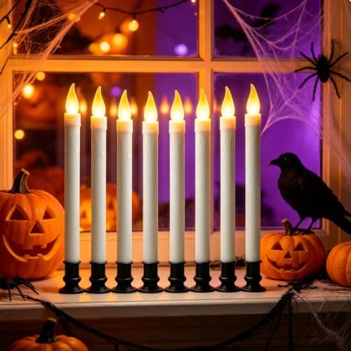 Image of Christmas Window Candles - 10in Flameless Taper Candles with Suction Cups Flickering Timer for Halloween Christmas Wedding Home Decor Candlesticks Fireplace (6pcs-Black)