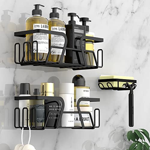 KEGII Duschablage/Duschregal ohne Bohren, 3 Stück Badezimmer Regal Organizer, Bad regal Selbstklebende Duschkorb Schwarz, Shampoo halterung für dusche, mit Seifenschale Edelstahl Cover