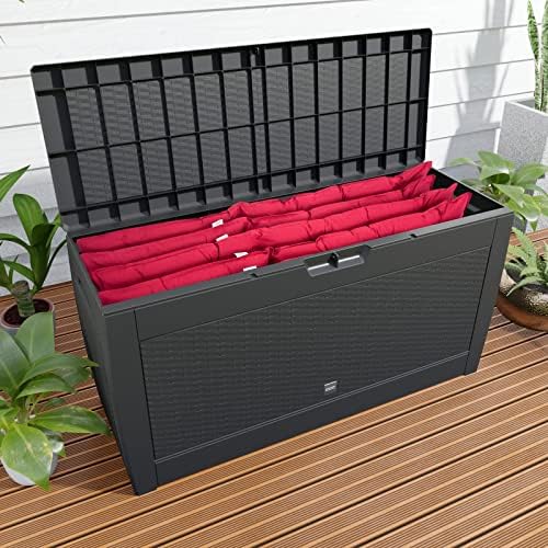 Deuba Garden Storage Chest 310L Hinged Lid Handles Wheels Rattan Look Outdoor Cushion Box Weather-Resistant