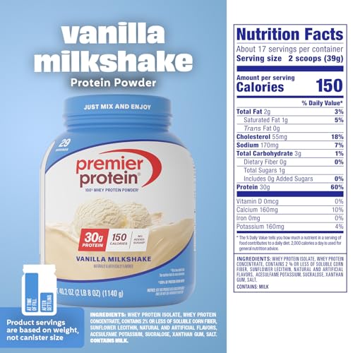 Image of Premier Protein Powder, Vanilla, 100% Whey, 30g High Protein, 29 Servings | No Added Sugar, Supports Muscle Health, Soy & Gluten-Free, 2.5 lb