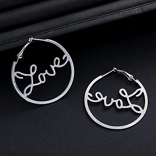 Women's Geometric Round Circle Dangle Earrings Love Letter Hoop Earrings Personatity Ear Jewelry(Silver Love) #TOP4