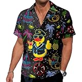 Neon Rubber Duck Hawaiian Shirt for Men - Vibrant Cruise & Glow Party Button Down, Funny Duck Print Short Sleeve, Tropical Vacation & Themed Party Shirt X-Large