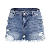 THUNDER STAR Women Mid Rise Ripped Stretchy Jeans Shorts Frayed Raw Hem Casual Denim Shorts Light Blue XL