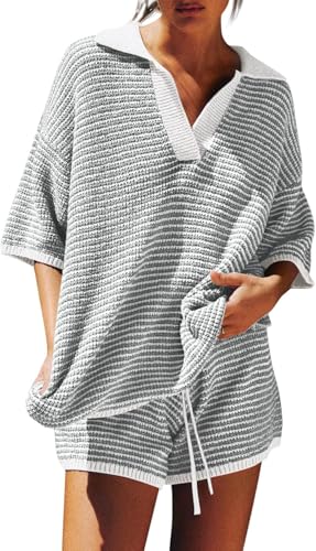 Image of Tankaneo Womens Sweater Set 2 Piece Outfits Oversized 3 /4 Sleeve V Neck Knit Tops High Waisted Shorts Lounge Sets