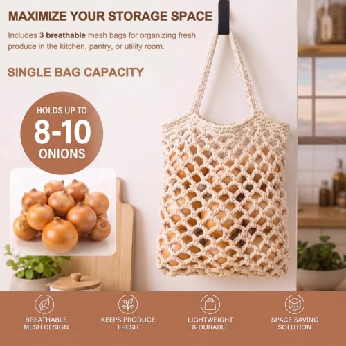 Image of Honeydak 3 Hanging Baskets, White, Mesh, Cotton Rope