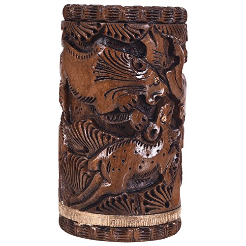 Image of Craft Trade 12x7 Cm Round Hand Carved Wooden Pencil Holder Animal Print - Dark Brown