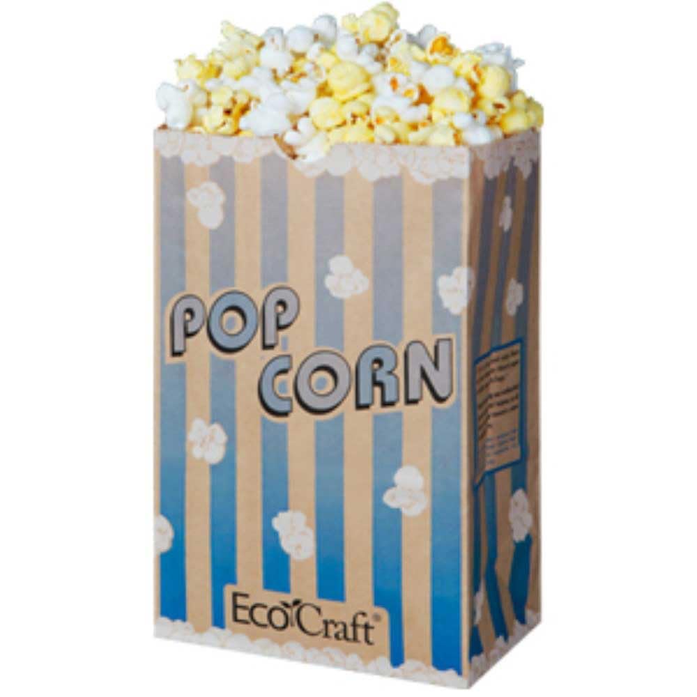 Bagcraft Papercon 300612 EcoCraft Theater Popcorn Bag with Blue Stripe Design, 85 oz Capacity, 8-5/8" Length x 5-1/2" Width x 3-1/4" Height (Case of