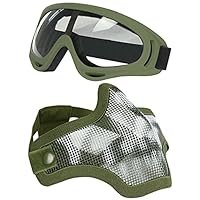 Airsoft Maske und Goggles Set, Half Face Full Steel Mesh Maske und Schutzbrillen für CS/Jagd/Paintball/Schießen (OD-Schädel)
