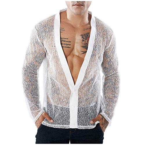 FUNEY Sissy Men's See Through Flower Full Lace Sheer Blouse Long Sleeve Button Down Shirts Mesh Muscle Fitted T-Shirt Tops FUNEY Sissy Men's See Through Flower Full Lace Sheer Blouse Long Sleeve Button Down Shirts Mesh Muscle Fitted T-Shirt Tops