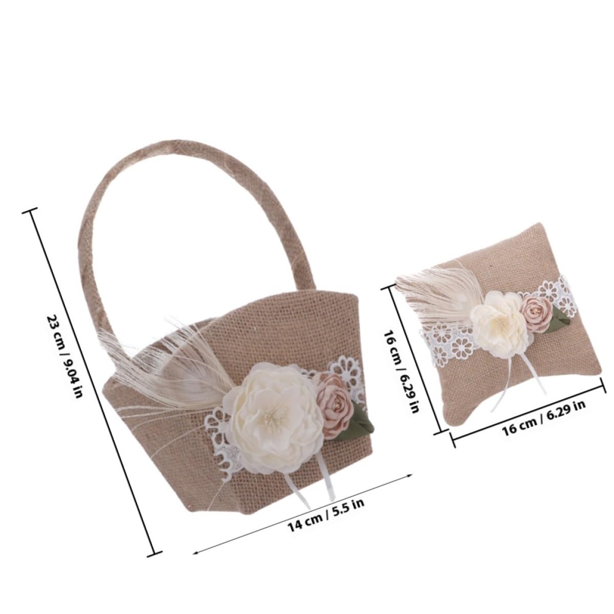 Artibetter Panier de Demoiselle D'honneur Rustique en Lin Ensemble de Mariage Coussin Annulaire et Décoré de Fleurs Artificielles pour Cérémonie de Fiançailles